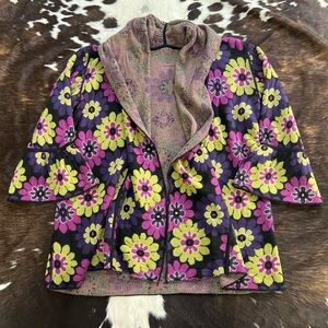 Retro 70s aesthetic bell sleeve purple green black floral print cardigan